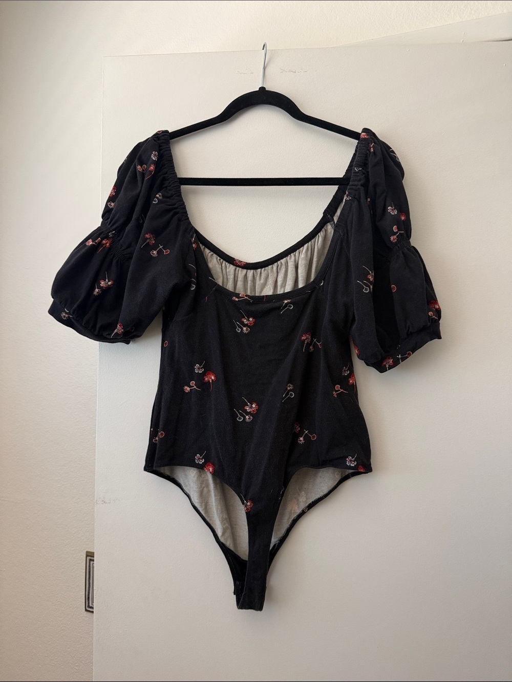 Free People Black Floral Puff Sleeve Bodysuit - Picture 3 of 3